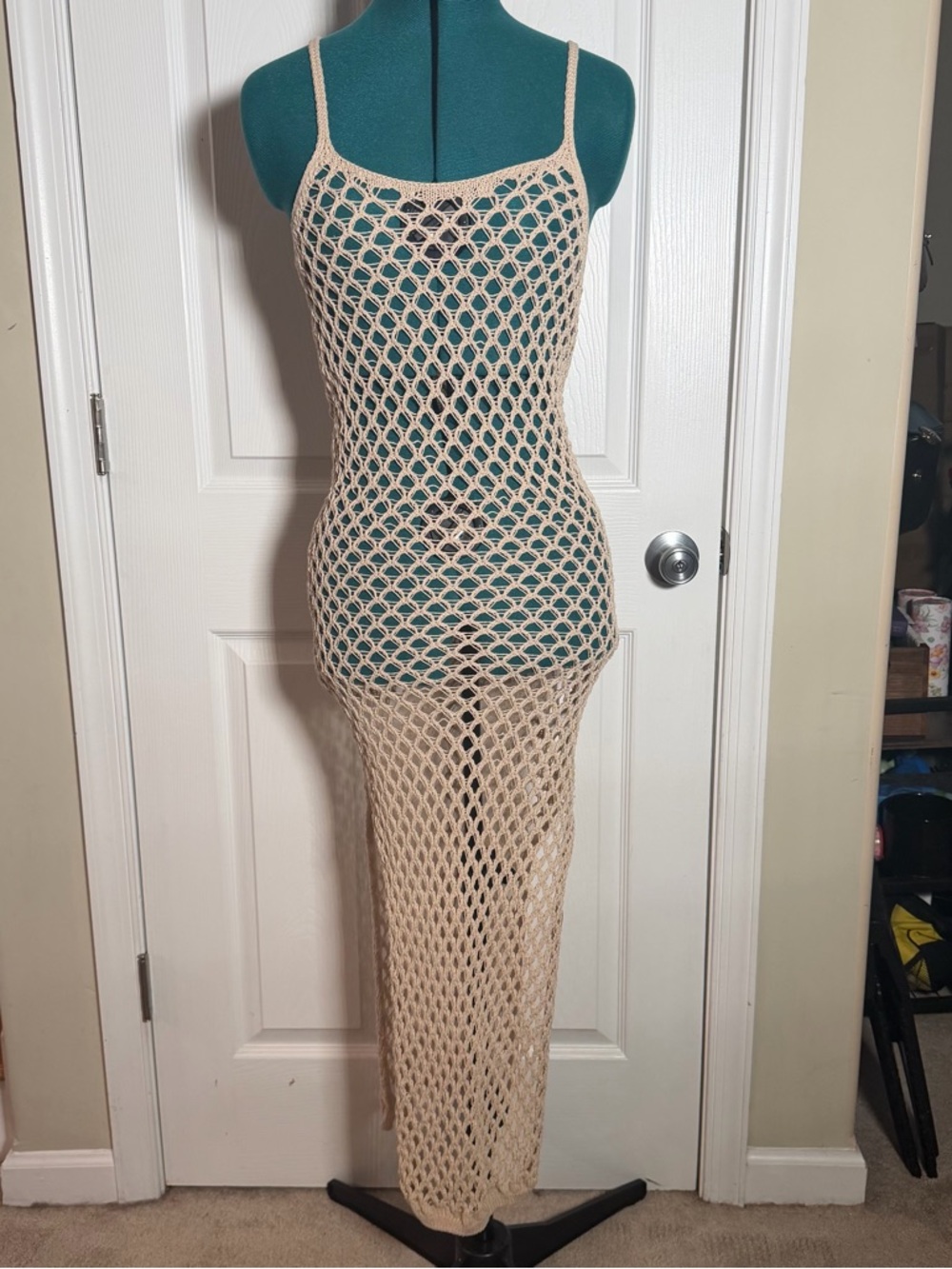 Beige Crochet Knit Fishnet Maxi Cover Up Tank Dress Beach Vacation Boho Summer